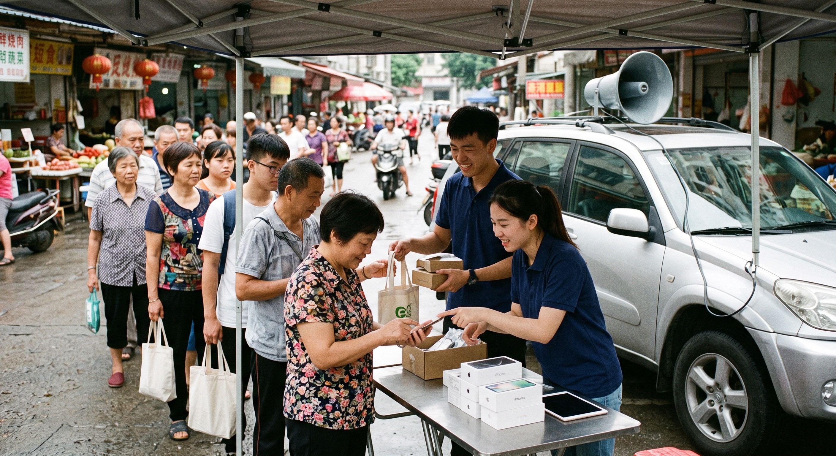 抖音极速版拉新用喇叭喊话，市集摆摊怎么引发围观扫码